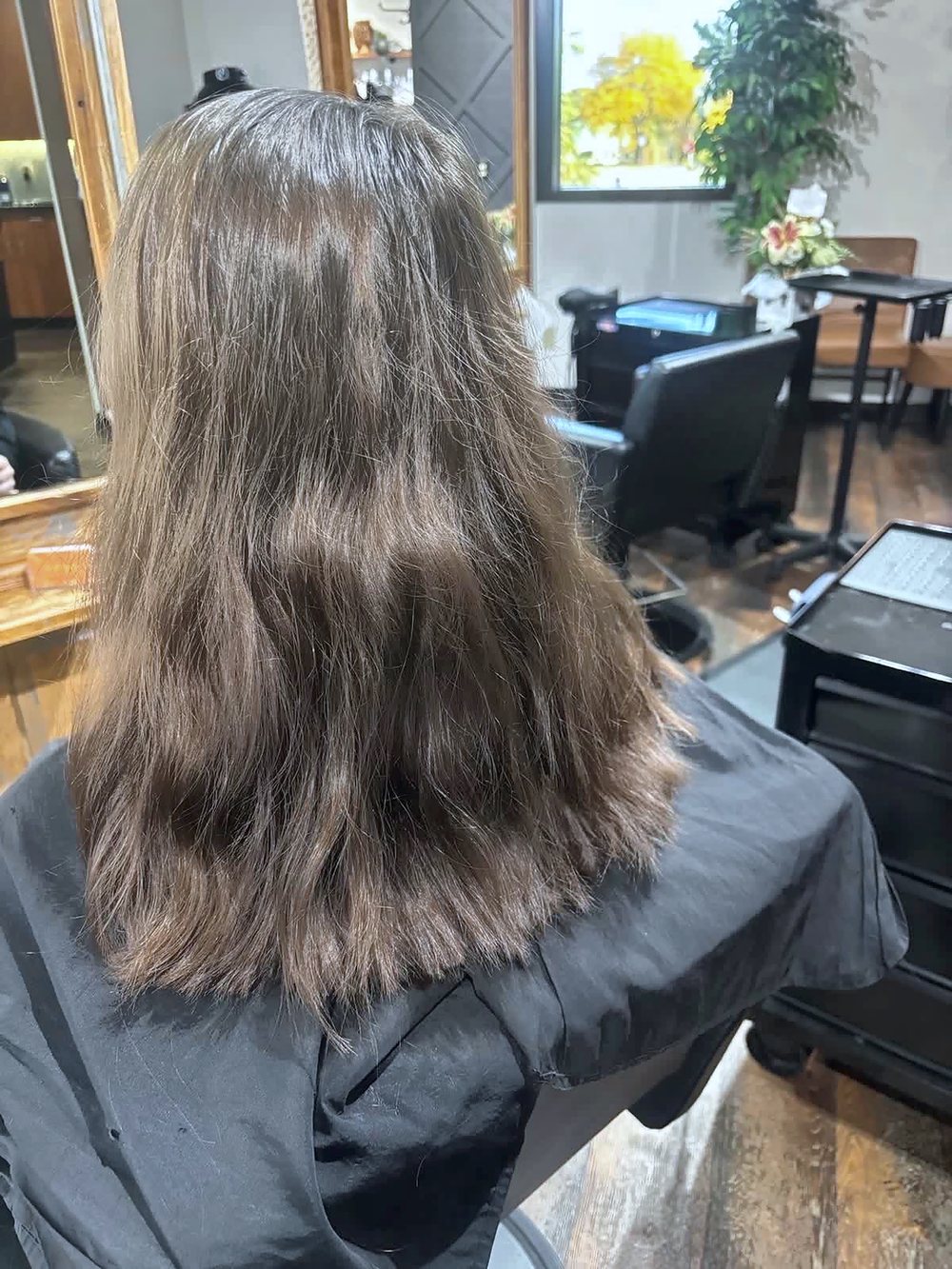 Back view of Priscilla's guest before: long medium-brown hair, lighter through the ends.