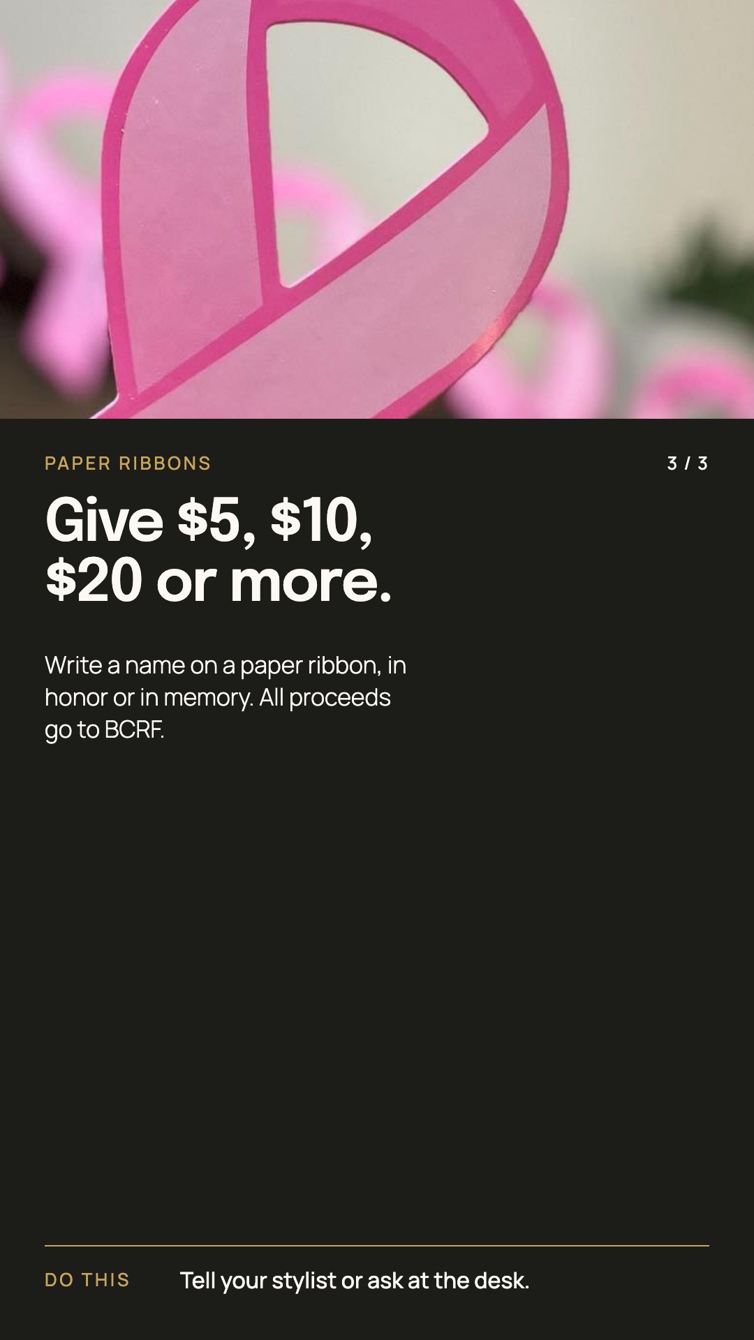 Paper ribbon donations of $5, $10, $20 or more, with no color change.