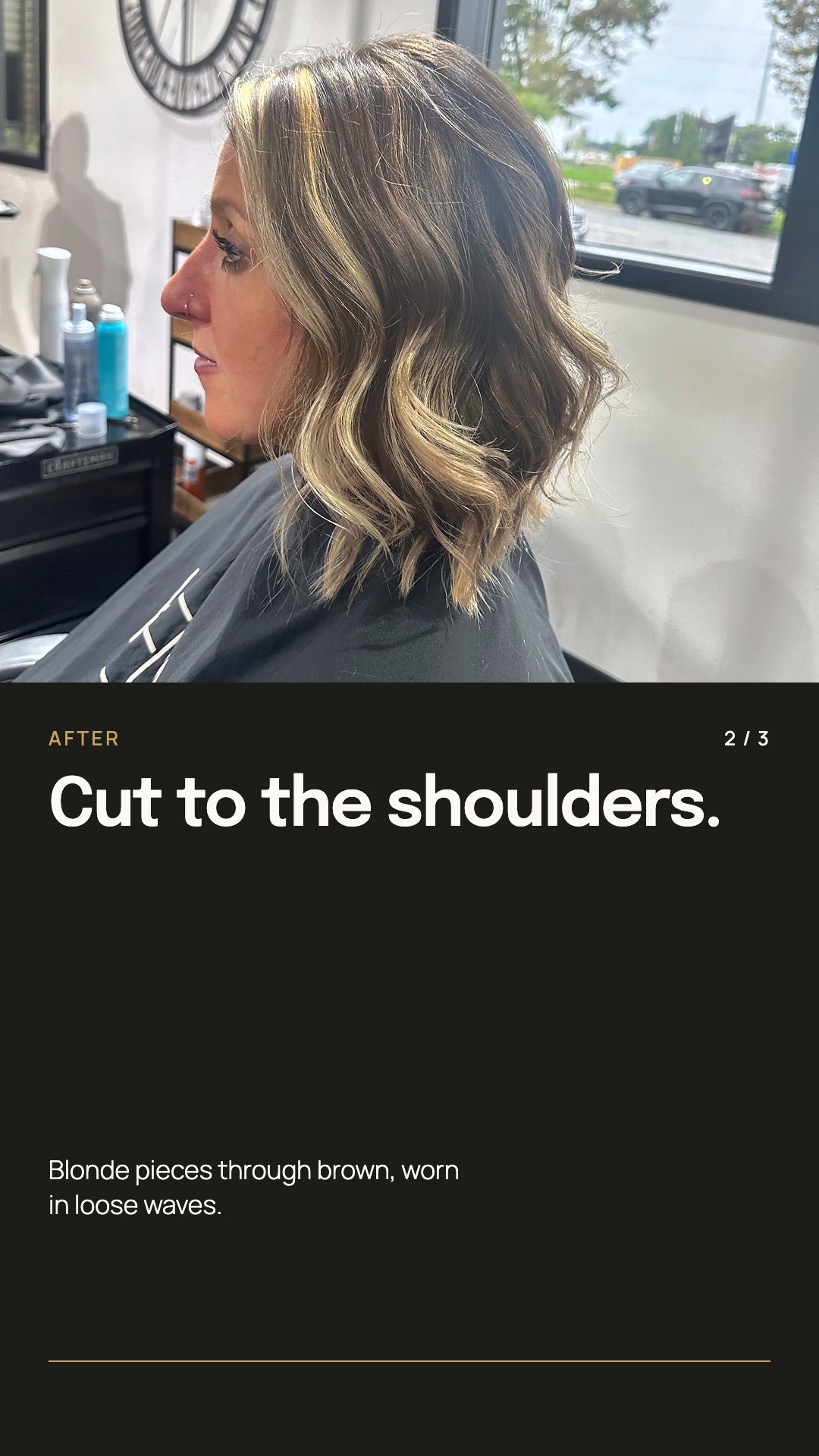 Tracie's guest after, in profile by the window: a shoulder-length cut in loose waves, blonde pieces through brown.