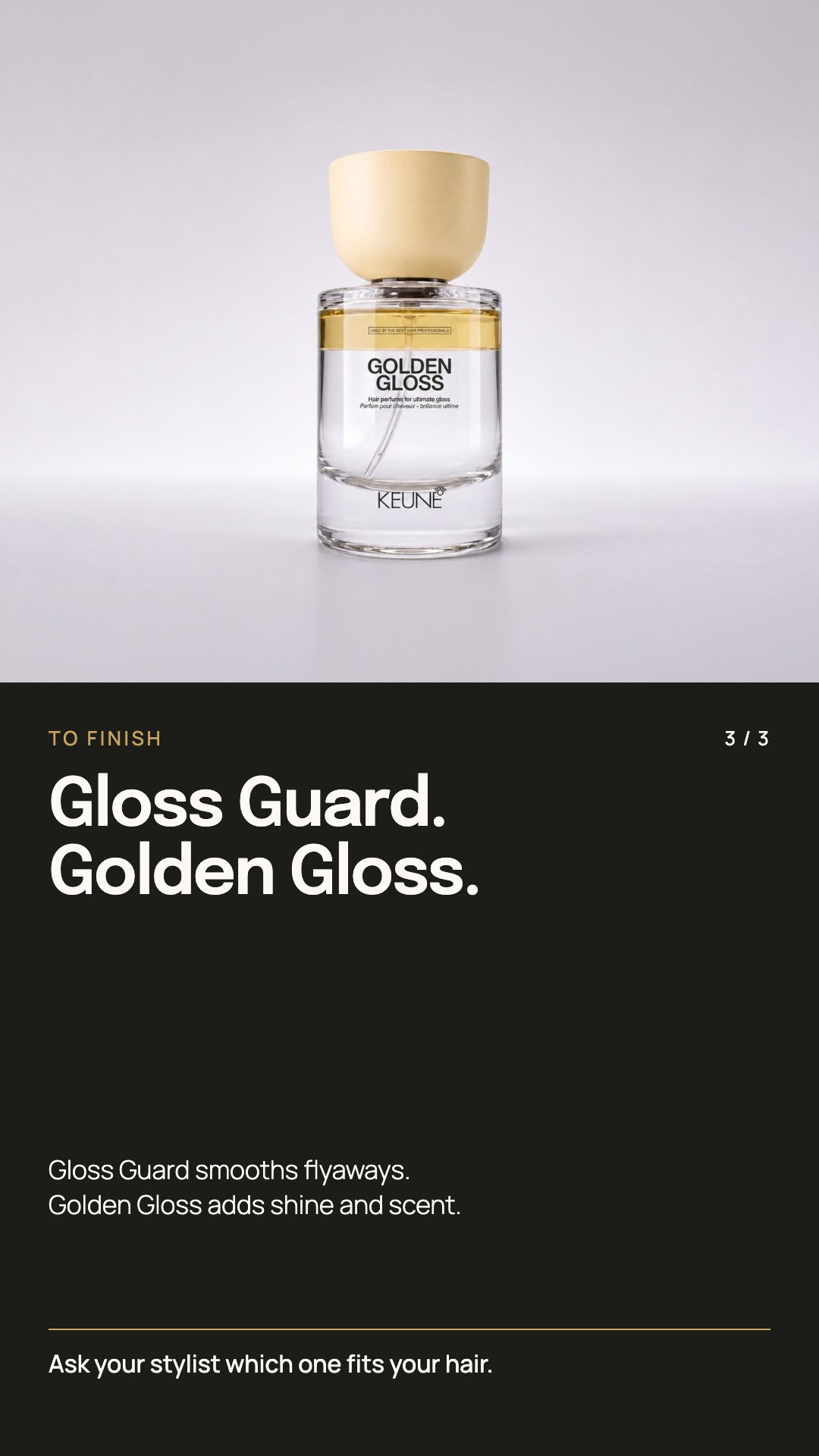 Keune Golden Gloss on a soft grey backdrop, Keune's own product image.