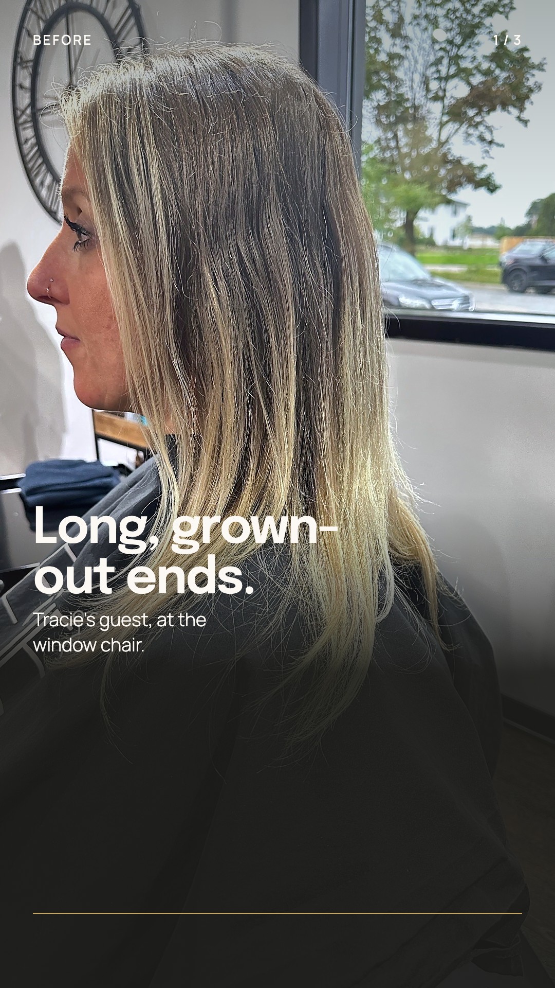 Tracie's guest before, in profile by the window: long, grown-out blonde lengths.