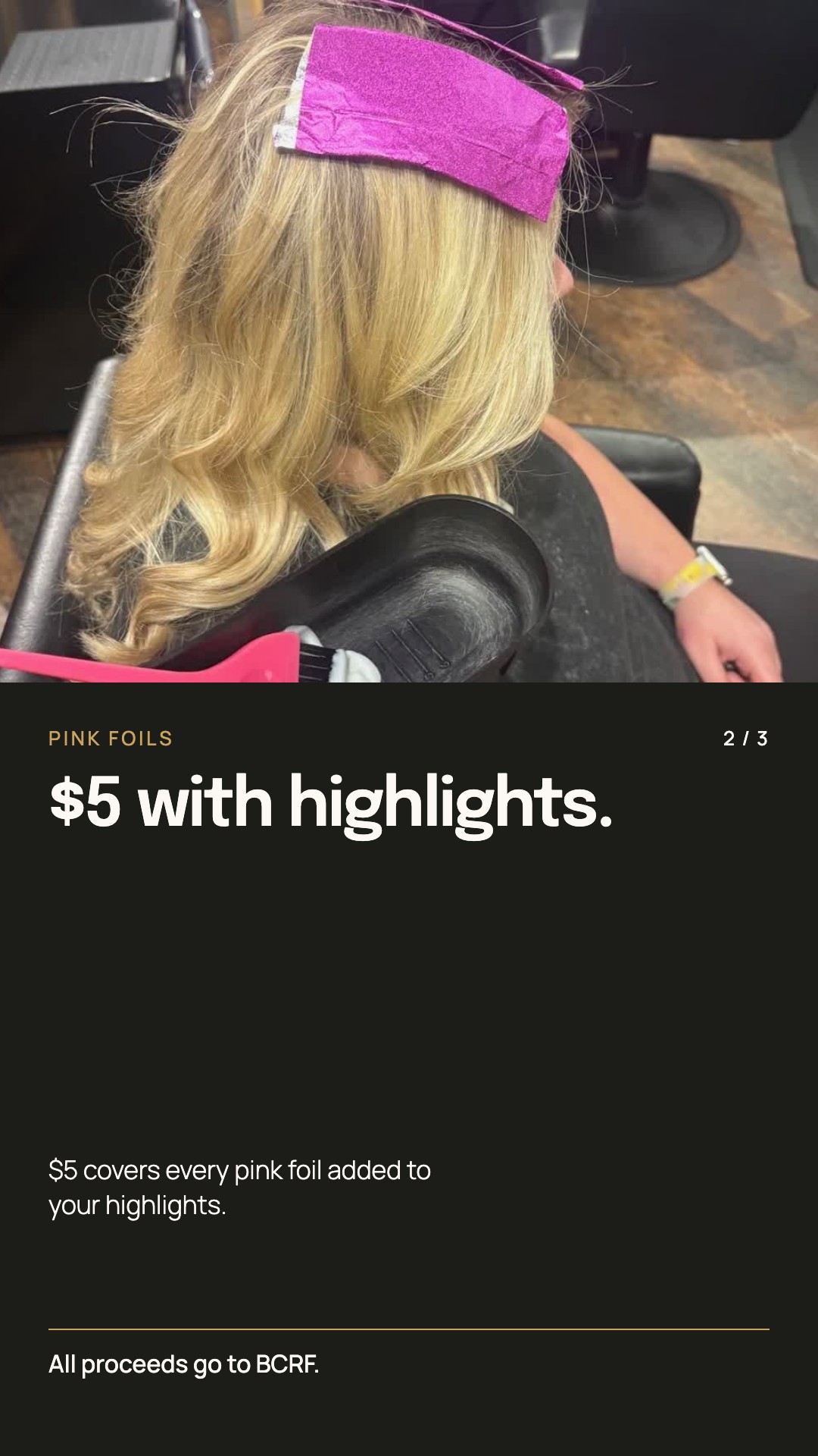 A pink foil going into blonde hair, with a color brush and gloved hands; no guest face.