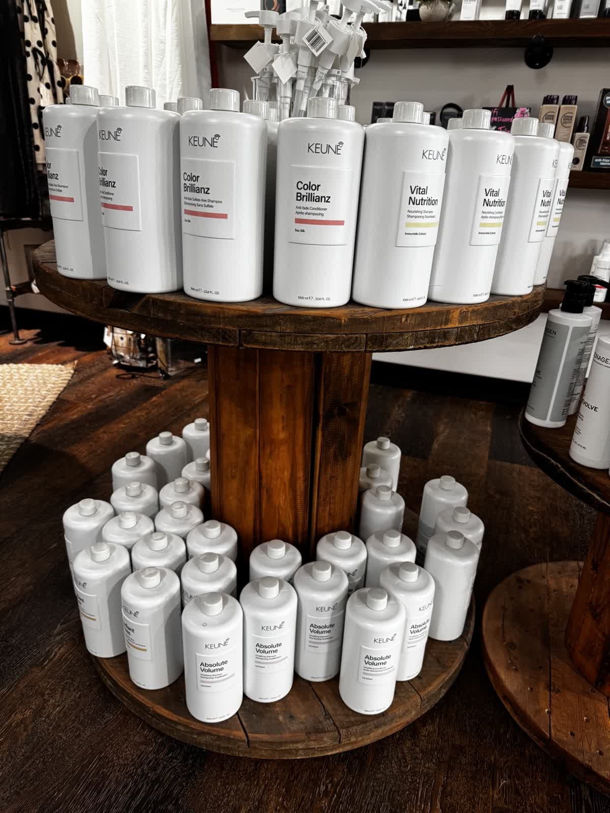 Liter bottles on the salon's wooden display